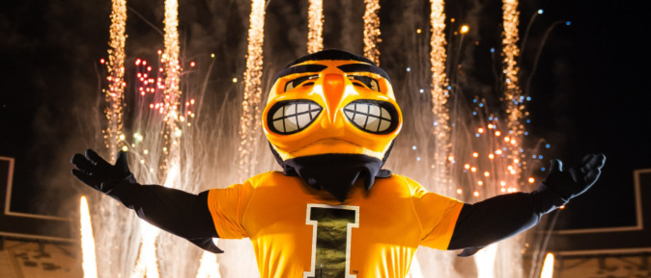 Herky Celebrating with Fireworks