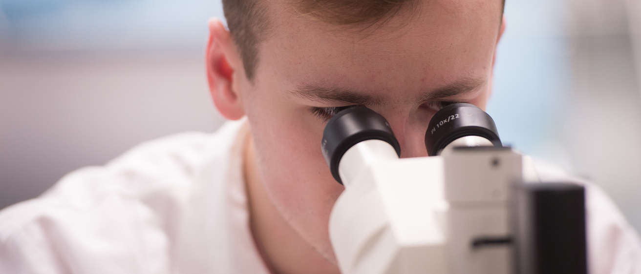 Research student looking through microscope